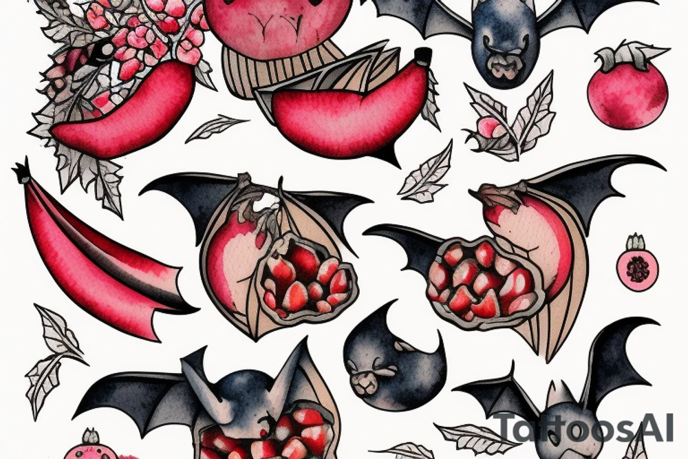 The bat carries in its paws the fruit of a pomegranate, from which blood drips. tattoo idea