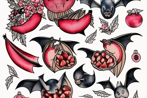 The bat carries in its paws the fruit of a pomegranate, from which blood drips. tattoo idea
