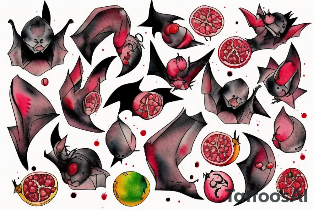 The bat carries in its paws the fruit of a pomegranate, from which blood drips. tattoo idea