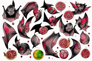 The bat carries in its paws the fruit of a pomegranate, from which blood drips. tattoo idea