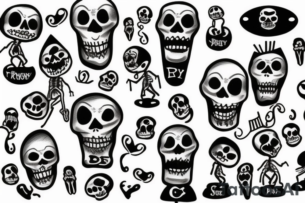 Drunken skeletons dance on gravestones tattoo idea