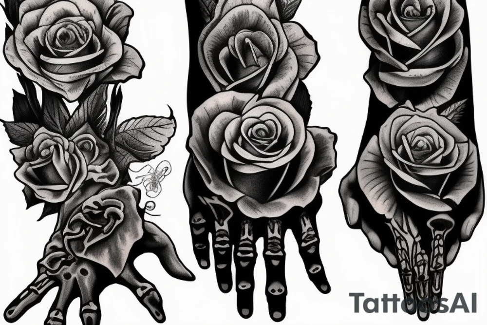 Skeleton hand holding a black rose tattoo idea