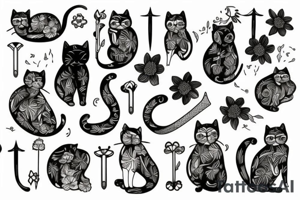 Cat with sword and flowers tattoo idea