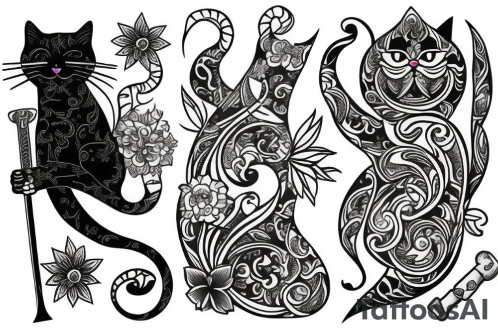 Cat with sword and flowers tattoo idea