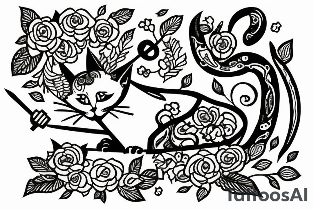 Cat with sword and flowers tattoo idea