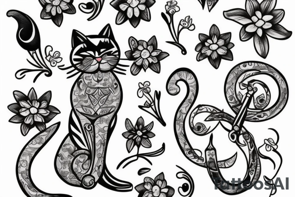 Cat with sword and flowers tattoo idea