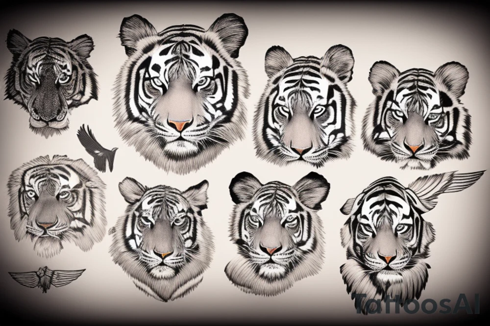 Let the background of the map be total, the image be that of a tiger, let there be an antique clock. Let there be the wings of a bird. tattoo idea