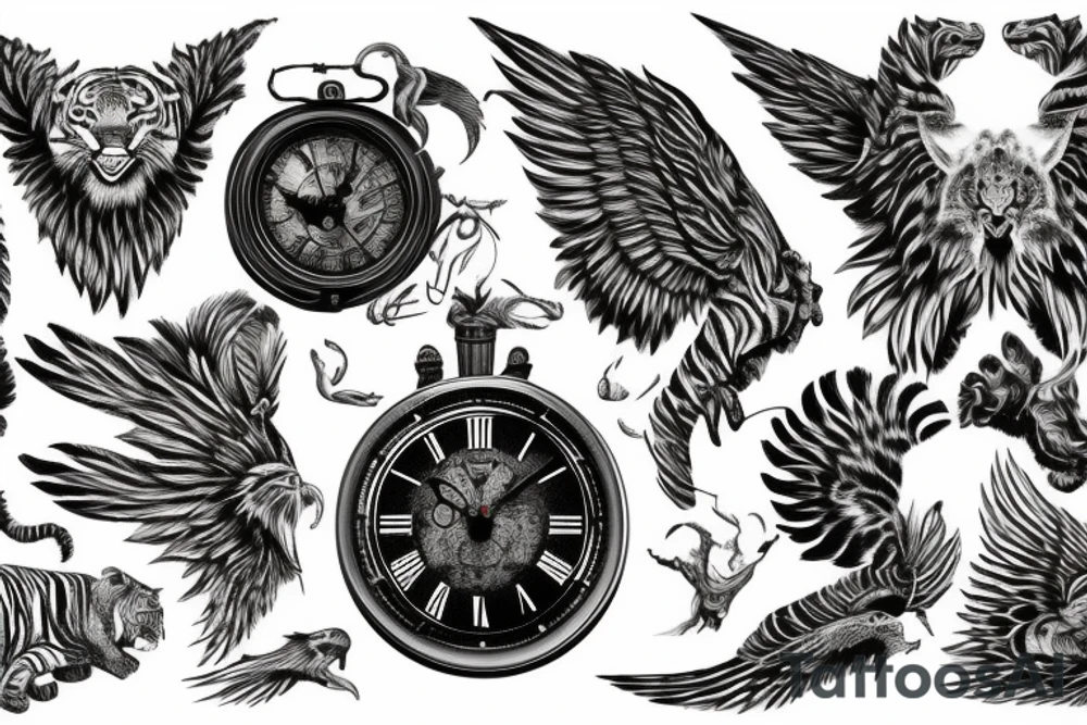 Let the background of the map be total, the image be that of a tiger, let there be an antique clock. Let there be the wings of a bird. tattoo idea