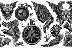 Let the background of the map be total, the image be that of a tiger, let there be an antique clock. Let there be the wings of a bird. tattoo idea