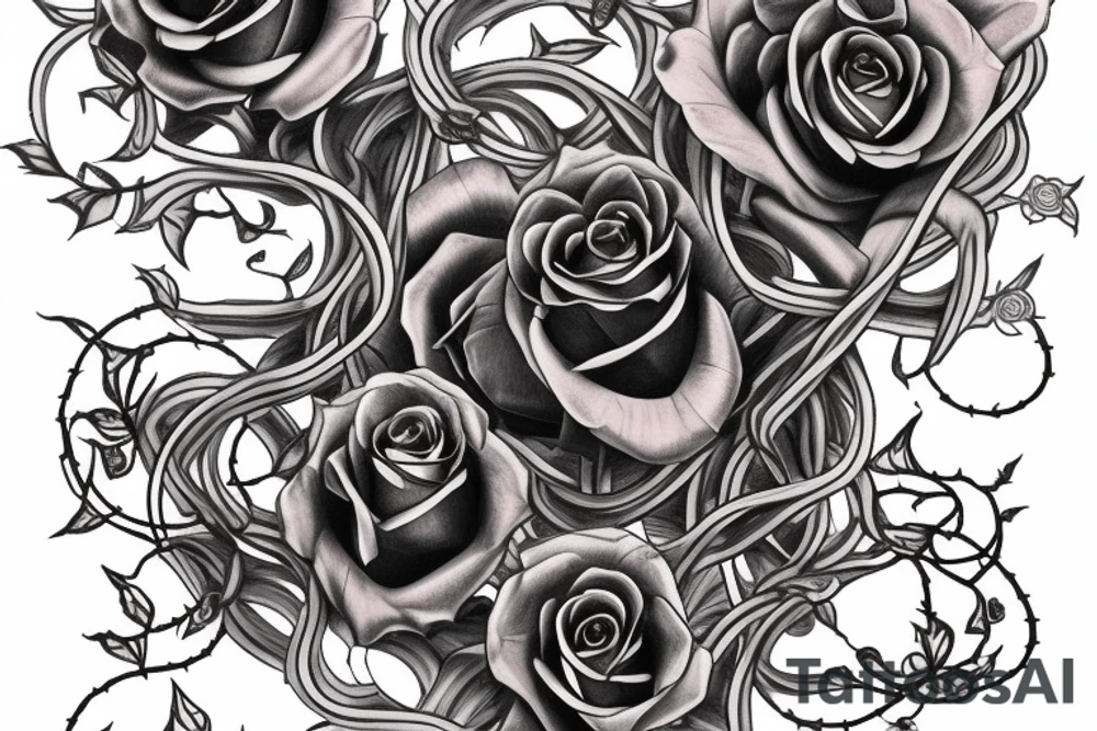 inscription 6152 in Gothic style entwined with vines with large violet rose flowers and skulls tattoo idea