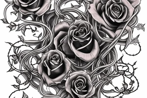 inscription 6152 in Gothic style entwined with vines with large violet rose flowers and skulls tattoo idea