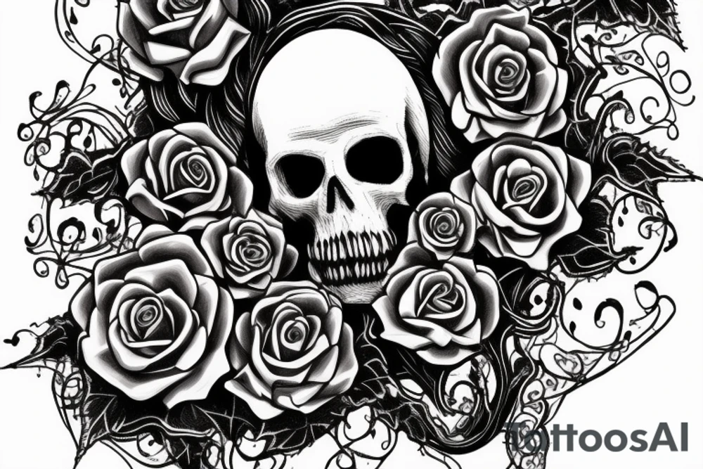 inscription 6152 in Gothic style entwined with vines with large violet rose flowers and skulls tattoo idea