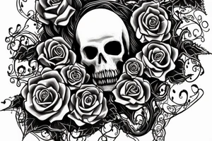 inscription 6152 in Gothic style entwined with vines with large violet rose flowers and skulls tattoo idea