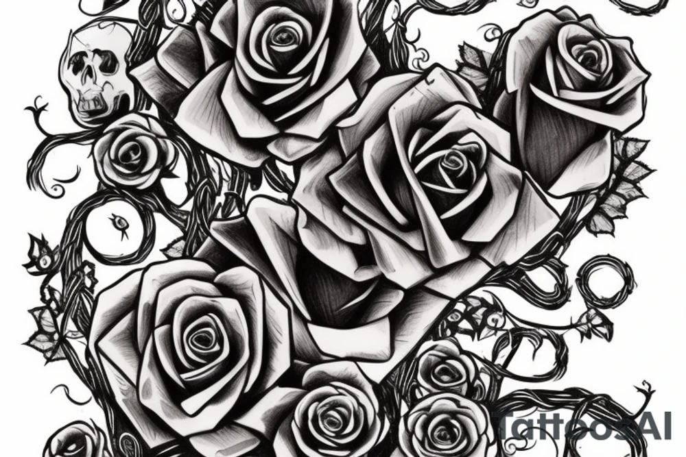 inscription "6152" in Gothic style entwined with vines with large violet rose flowers and skulls tattoo idea
