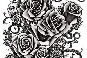 inscription "6152" in Gothic style entwined with vines with large violet rose flowers and skulls tattoo idea