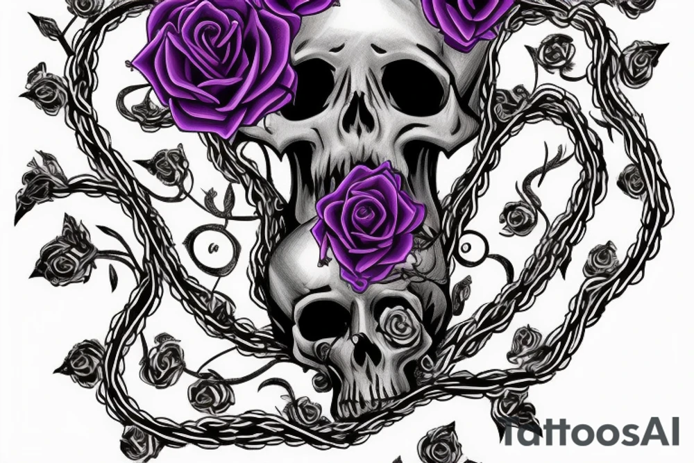 inscription "6152" in Gothic style entwined with vines with large violet rose flowers and skulls tattoo idea