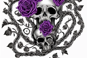inscription "6152" in Gothic style entwined with vines with large violet rose flowers and skulls tattoo idea