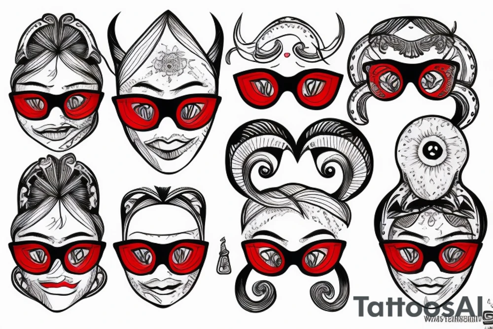 red and white yoni mask with glasses tattoo idea