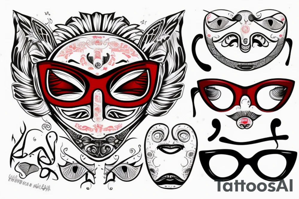 red and white yoni mask with glasses tattoo idea