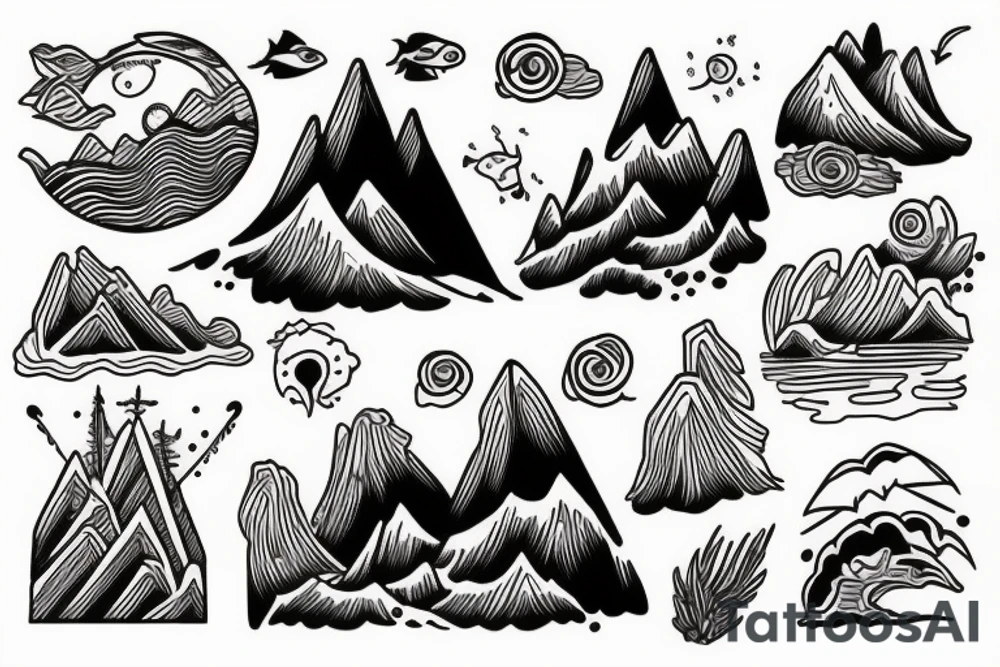 Mountains and sea waves tattoo idea