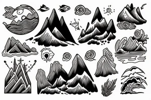 Mountains and sea waves tattoo idea