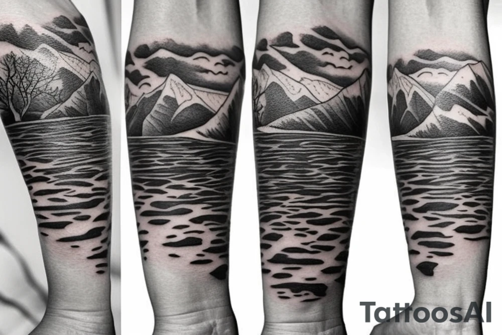 Mountains and sea waves tattoo idea