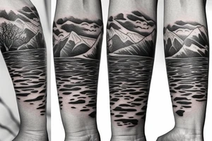 Mountains and sea waves tattoo idea