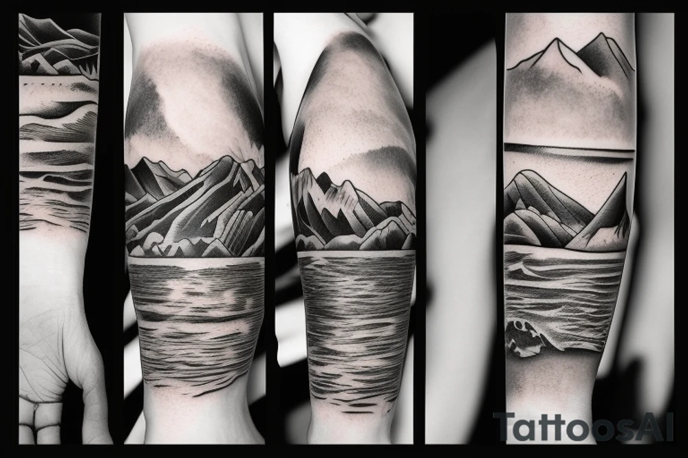 Mountains and sea waves tattoo idea