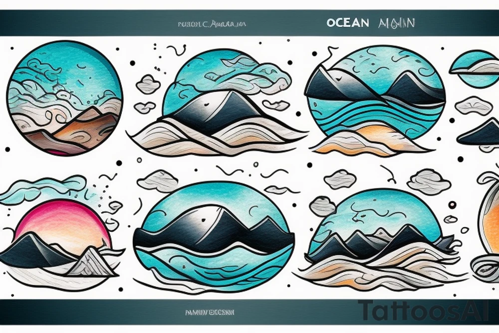 Ocean, mountains, sky, sunrise tattoo idea