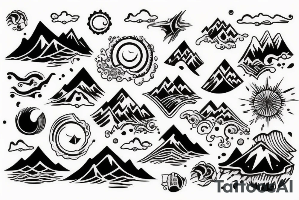 Ocean, mountains, sky, sunrise tattoo idea