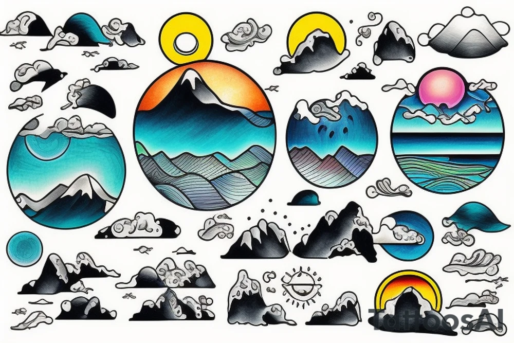 Ocean, mountains, sky, sunrise tattoo idea
