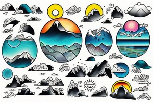 Ocean, mountains, sky, sunrise tattoo idea