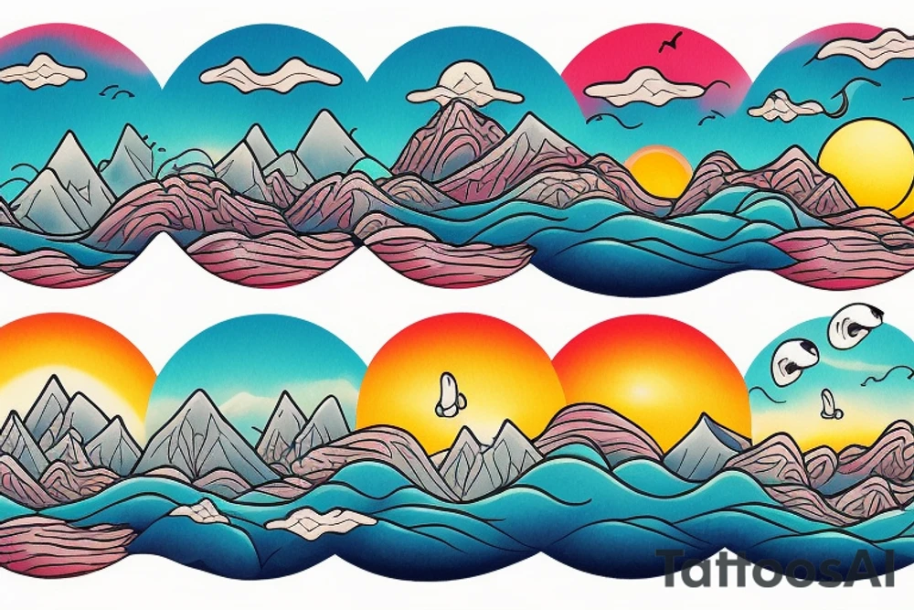 Ocean, mountains, sky, sunrise tattoo idea