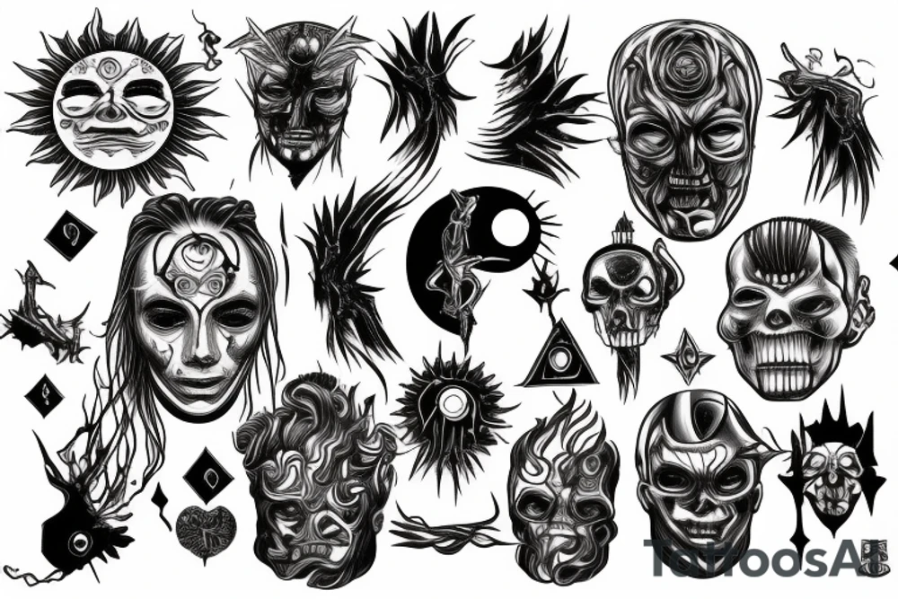 The pagan sun, whose one half is burned like in the Terminator movie and an iron body is visible tattoo idea
