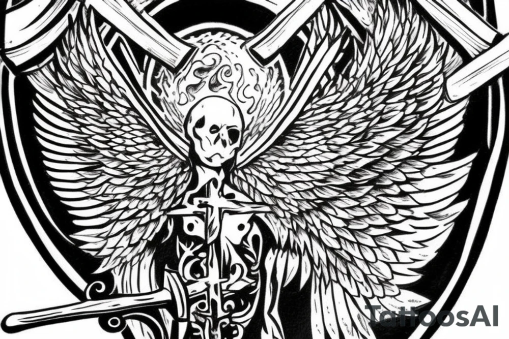 Cross with one angel wing coming out of it with the addition of an axe tattoo idea