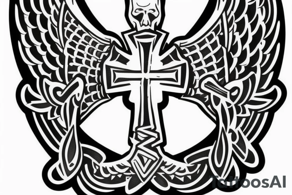 Cross with one angel wing coming out of it with the addition of an axe tattoo idea