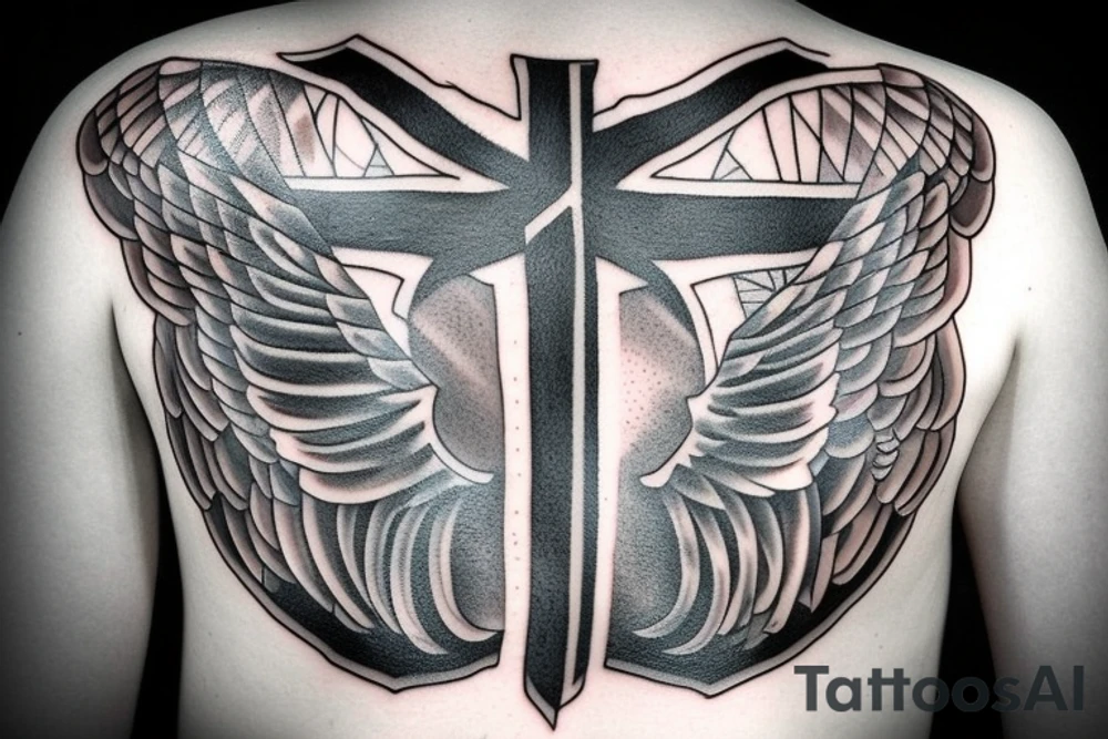 Cross with one angel wing coming out of it with the addition of an axe tattoo idea