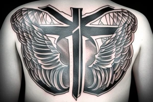 Cross with one angel wing coming out of it with the addition of an axe tattoo idea