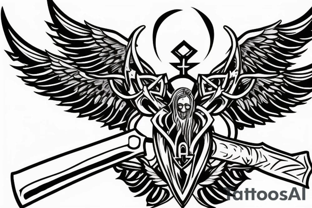 Cross with one angel wing coming out of it, with an axe tattoo idea