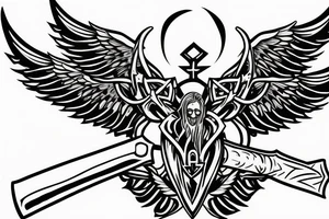 Cross with one angel wing coming out of it, with an axe tattoo idea