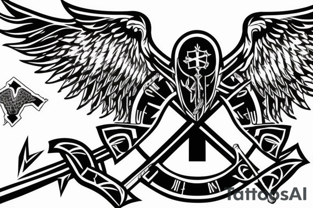 Cross with one angel wing coming out of it, with an axe tattoo idea