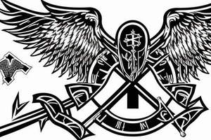 Cross with one angel wing coming out of it, with an axe tattoo idea