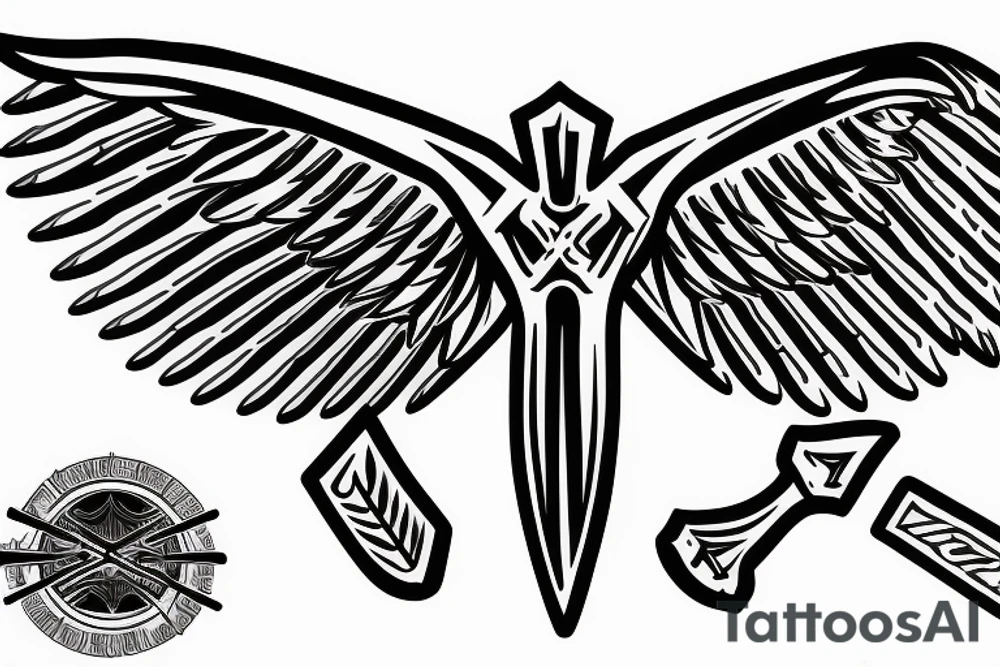 Cross with one angel wing coming out of it, with an axe tattoo idea