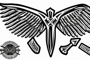 Cross with one angel wing coming out of it, with an axe tattoo idea