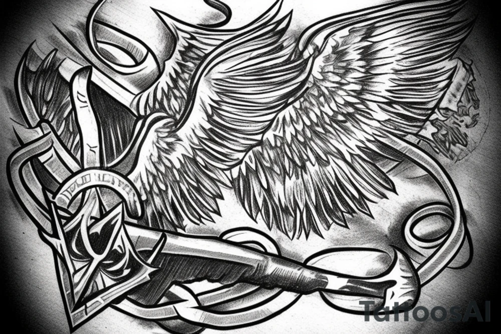 Cross with one angel wing coming out of it, with an axe tattoo idea