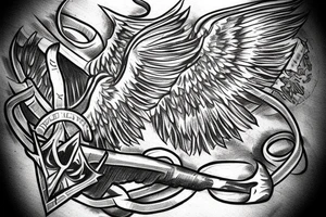 Cross with one angel wing coming out of it, with an axe tattoo idea