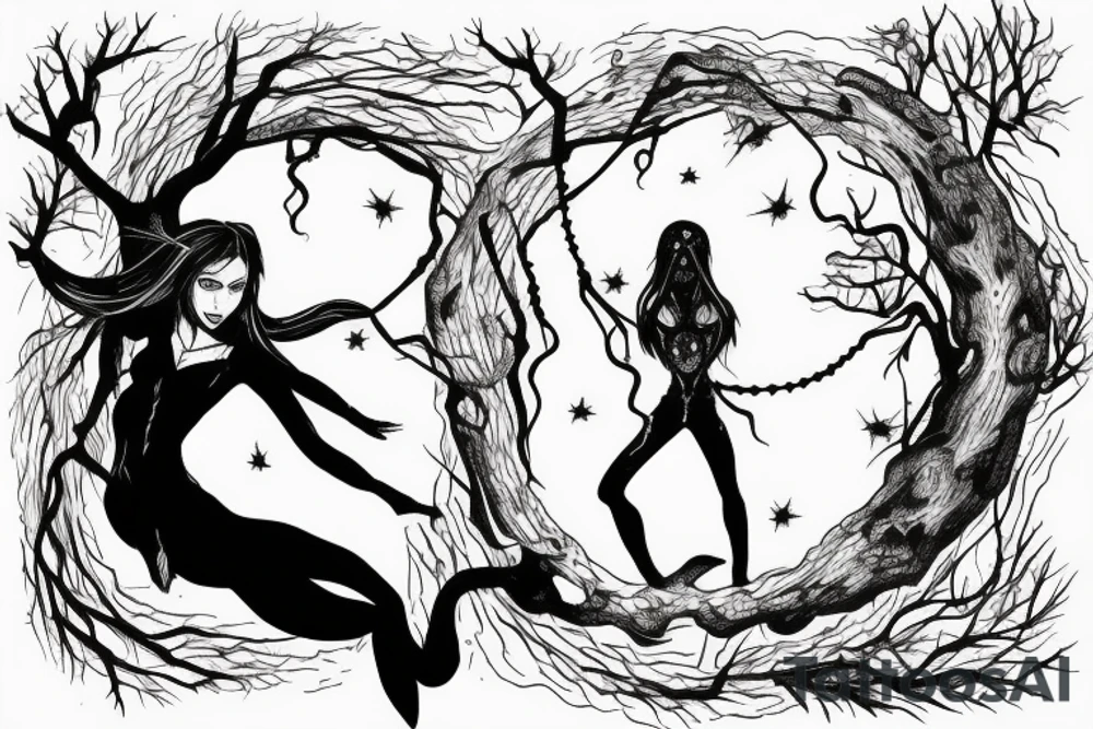 lilith on top of a scary tree without leaves with a pentagram on its trunk tattoo idea