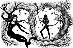 lilith on top of a scary tree without leaves with a pentagram on its trunk tattoo idea
