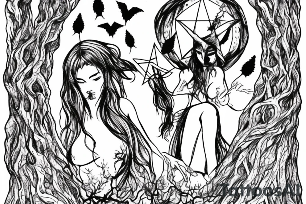 lilith on top of a scary tree without leaves with a pentagram on its trunk tattoo idea