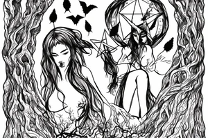 lilith on top of a scary tree without leaves with a pentagram on its trunk tattoo idea